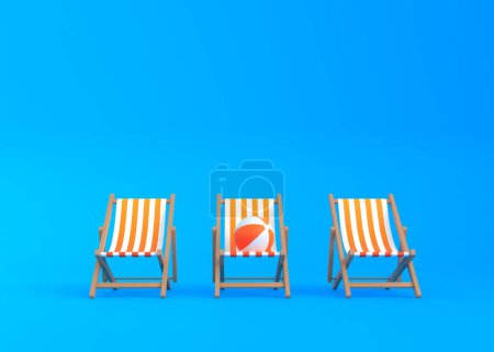 Téléchargez les photos : Chaises longues rayées et ballon de plage sur fond bleu. Concept de vacances d'été ou de vacances sur la plage. rendu 3d, illustration 3d - en image libre de droit