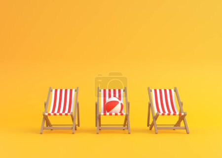 Foto de Reposapiés a rayas y pelota de playa sobre fondo amarillo. Concepto de vacaciones de verano o vacaciones en la playa. representación 3d, ilustración 3d - Imagen libre de derechos