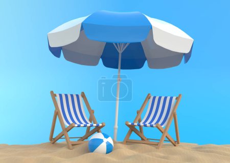 Photo for Beach umbrella with chairs and beach accessories on the bright blue background. Summer vacation concept. Minimalism concept. 3D Rendering, 3D Illustration - Royalty Free Image