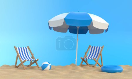 Photo for Beach umbrella with chairs and beach accessories on the bright blue background. Summer vacation concept. Minimalism concept. 3D Rendering, 3D Illustration - Royalty Free Image