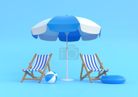 Téléchargez les photos : Parapluie de plage avec chaises et accessoires de plage sur le fond bleu vif. Concept vacances d'été. Concept de minimalisme. Rendu 3D, Illustration 3D - en image libre de droit