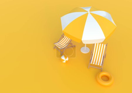 Photo for Beach umbrella with chairs and beach accessories on the bright orange background. Summer vacation concept. Minimalism concept. 3D Rendering, 3D Illustration - Royalty Free Image
