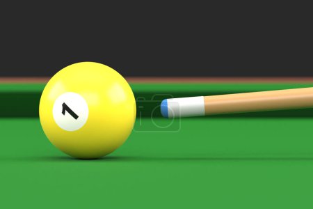 Photo for Close-up of billiard ball number one yellow color on billiard table, snooker aim the cue ball. Realistic glossy billiard ball. 3d rendering 3d illustration - Royalty Free Image