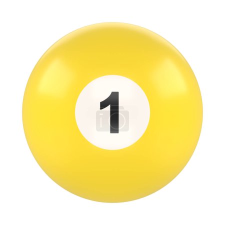 Téléchargez les photos : Ballon de billard numéro un de couleur jaune isolé sur fond blanc. Balle de billard brillant réaliste. Reproduction 3D Illustration 3D - en image libre de droit
