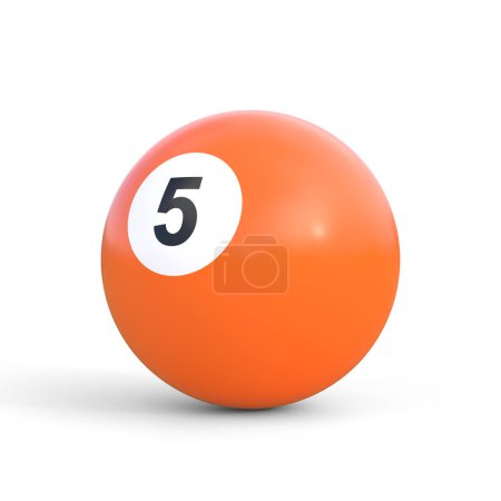 Photo for Billiard ball number five orange color isolated on white background. Realistic glossy snooker ball. 3D rendering 3D illustration - Royalty Free Image