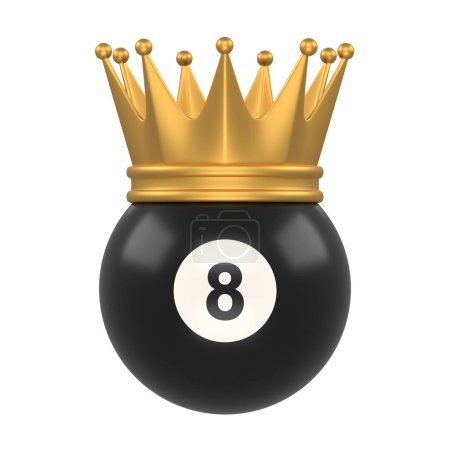 Photo for Billiard ball number eight black color wearing a gold crown isolated on white background. Realistic glossy snooker ball. 3D rendering 3D illustration - Royalty Free Image