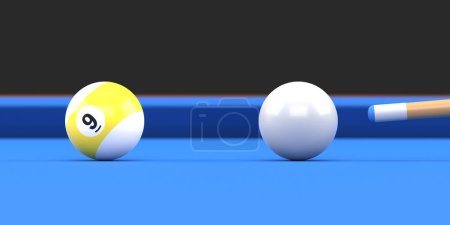 Photo for Close-up of billiard ball number nine in yellow and white color on billiard table, snooker aim the cue ball. Realistic glossy billiard ball. 3d rendering 3d illustration - Royalty Free Image