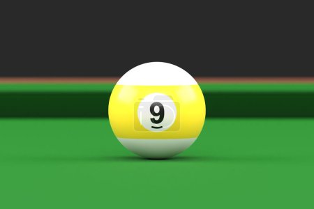 Photo for Billiard ball number nine in yellow and white color on billiard table. Realistic glossy billiard ball. 3d rendering 3d illustration - Royalty Free Image