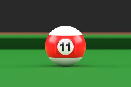 Photo for Billiard ball number eleven in red and white color on billiard table. Realistic glossy billiard ball. 3d rendering 3d illustration - Royalty Free Image