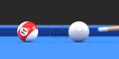 Photo for Close-up of billiard ball number eleven in red and white color on billiard table, snooker aim the cue ball. Realistic glossy billiard ball. 3d rendering 3d illustration - Royalty Free Image