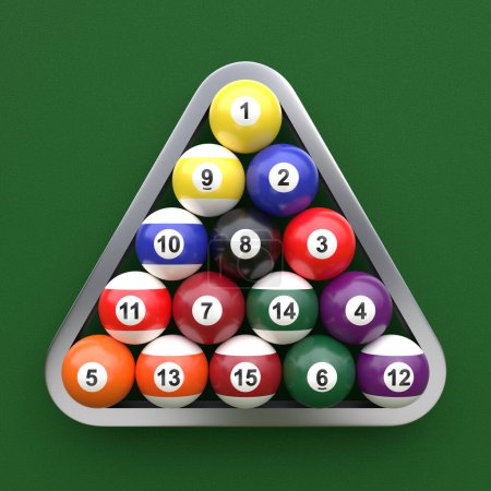 Photo for A group of colorful glossy billiard balls with numbers on a green billiard table. Pool ball set. 3d rendering 3d illustration - Royalty Free Image