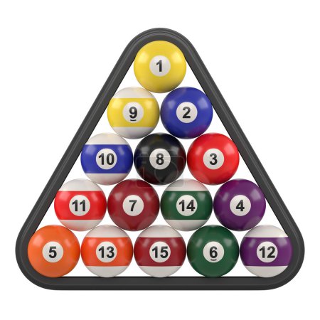 Photo for Group of colorful glossy pool game balls with numbers inside billiards triangle isolated on white background. Set of pool-balls. 3D rendering 3D illustration - Royalty Free Image