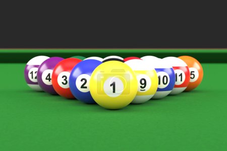 Photo for A group of colorful glossy billiard balls with numbers on a green billiard table. Pool ball set. 3d rendering 3d illustration - Royalty Free Image