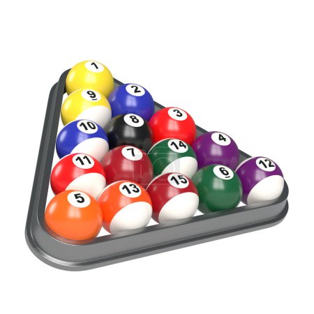 Group of colorful glossy pool game balls with numbers inside billiards triangle isolated on white background. Set of pool-balls. 3D rendering 3D illustration