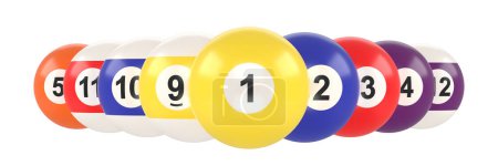 Photo for A group of colorful glossy billiard balls with numbers isolated on a white background. Pool ball set. 3d rendering 3d illustration - Royalty Free Image