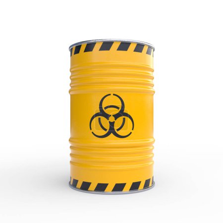 Téléchargez les photos : Déchets de biorisque barils jaunes avec symbole de biorisque, isolés sur fond blanc. Déchets toxiques en fûts. Illustration de rendu 3D - en image libre de droit