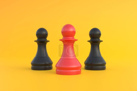 Foto de Peón rojo de ajedrez, sobresaliendo de la multitud sobre un fondo amarillo brillante con espacio para copiar. Concepto de liderazgo. Concepto creativo mínimo. Ilustración 3d render 3d - Imagen libre de derechos