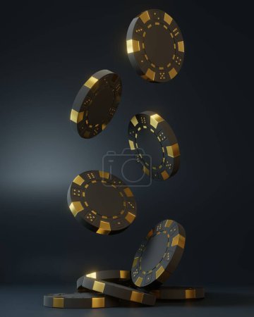 Photo for Casino chips falling on the black background. Casino game 3D chips. Online casino banner. Black chip. Gambling concept. 3D rendering illustration - Royalty Free Image