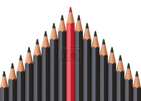 Photo for Red pencil standing out from crowd of plenty identical black fellows on white table. Leadership, uniqueness, independence, initiative, strategy, business success concept. 3d render illustration - Royalty Free Image