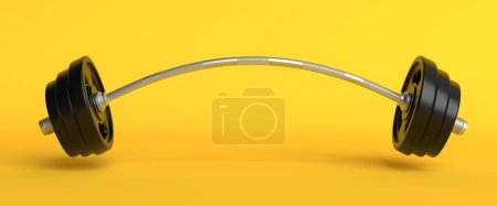 Photo for Metal barbell bent to both sides because of very heavy weights added on it on a yellow background. Physical training. Gym routine. Body and health. 3d rendering 3d illustration - Royalty Free Image