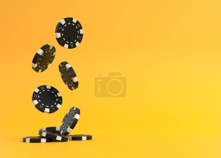 Photo for Lots of black poker chips falling down on a yellow background with copy space. Creative minimal sport and gambling concept. Casino concept. 3d rendering 3d illustration - Royalty Free Image