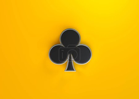 Téléchargez les photos : Aces cartes à jouer clubs de symboles avec des couleurs noires isolées sur le fond jaune. Vue de dessus. Illustration de rendu 3D - en image libre de droit