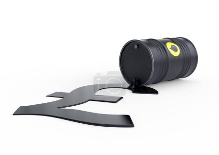 Photo for Barrel of oil spilling pound sign on a white background. Black barrel from which oil spills. Oil prices inflation. 3D rendering illustration - Royalty Free Image