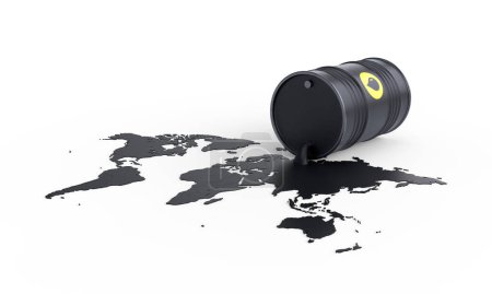 Photo for Black barrel from which oil spills. World map of spilled oil. Barrel price of oil. Oil prices inflation. 3D rendering illustration - Royalty Free Image