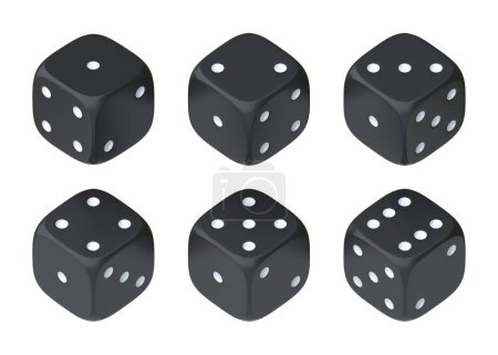 Téléchargez les photos : Ensemble de six dés noirs avec des points blancs suspendus en demi-tour montrant des nombres différents. Des dés chanceux. Coup de dés. Jeux de société. Les paris d'argent. Illustration de rendu 3D - en image libre de droit