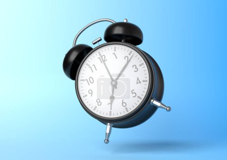 Foto de Reloj despertador vintage negro cayendo al suelo con fondo azul brillante en colores pastel. Concepto creativo mínimo. Ilustración de representación 3d - Imagen libre de derechos