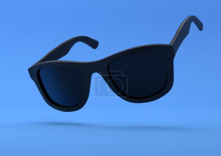 Foto de Gafas de sol negras de verano que caen sobre un fondo azul brillante pastel. Vista lateral. Concepto mínimo creativo. Ilustración de representación 3d - Imagen libre de derechos