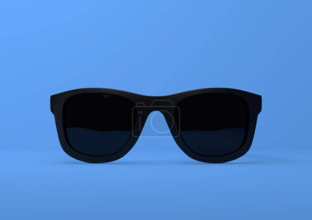 Photo for Black summer sunglasses falling down on a pastel bright blue background. Front view. Creative minimal concept. 3d rendering illustration - Royalty Free Image