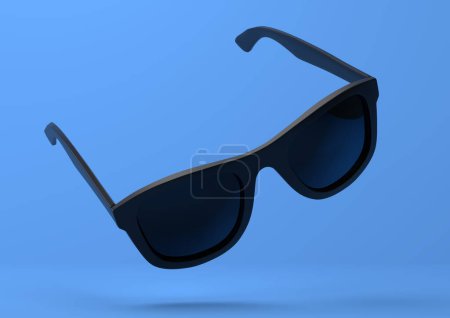 Photo for Black summer sunglasses falling down on a pastel bright blue background. Side view. Creative minimal concept. 3d rendering illustration - Royalty Free Image