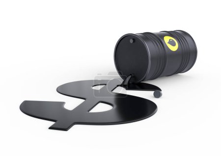 Photo for Barrel of oil spilling dollar sign on a white background. Black barrel from which oil spills. Oil prices inflation. 3D rendering illustration - Royalty Free Image