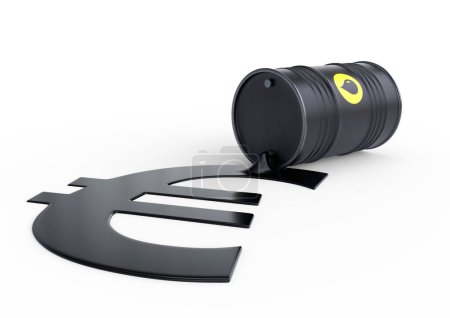 Téléchargez les photos : Baril de pétrole déversement signe euro sur un fond blanc. Baril noir d'où naît le pétrole. Prix du pétrole inflation. Illustration de rendu 3D - en image libre de droit