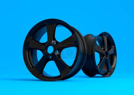 Aluminium alloy car wheel. Black alloy rim for car, tracks on blue background. 3d rendering illustration