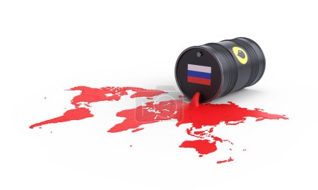 Carte du monde du sang qui coule d'un baril de métal pour le pétrole avec le drapeau de la Russie. la Russie est un pays agresseur. Arrêtez la guerre. 3d rendu illustration 3d