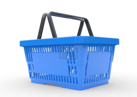 Blauer leerer Warenkorb isoliert auf weißem Hintergrund. 3D-Darstellung