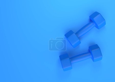 Foto de Dos mancuernas de goma o plástico recubiertas de fitness sobre fondo azul. Equipamiento deportivo. Concepto creativo mínimo. Ilustración de representación 3D - Imagen libre de derechos