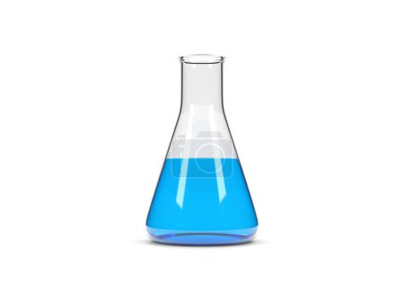 Foto de Frasco Erlenmeyer con líquido azul aislado sobre fondo blanco. Matraz químico, cristalería de laboratorio, equipo. Concepto mínimo. Ilustración de representación 3d - Imagen libre de derechos