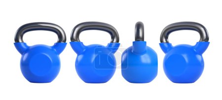 Blue metal kettlebell isolated on white background. View from all sides. Gym and fitness equipment. Workout tools. Sport training and lifting concept. 3D render illustration