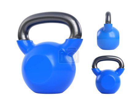 Photo for Blue metal kettlebell isolated on white background. View from all sides. Gym and fitness workouts concept. Sport equipment. Workout tools. 3D render illustration - Royalty Free Image