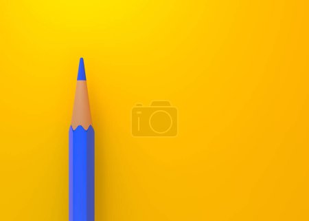 Téléchargez les photos : Modèle minimaliste avec espace de copie par vue de dessus gros plan macro photo de crayon bleu isolé sur papier jaune vif. Concept créatif. Illustration de rendu 3D - en image libre de droit