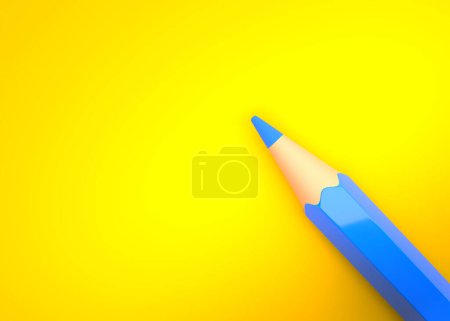 Photo for Minimalist template with copy space by top view close up macro photo of blue pencil isolated on bright yellow paper. Creative concept. 3d render illustration - Royalty Free Image