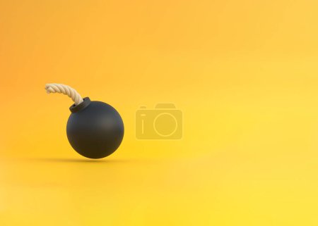Téléchargez les photos : Bombe sphérique noire stylisée isolée sur fond jaune. Concept créatif minimal. Illustration de rendu 3D - en image libre de droit