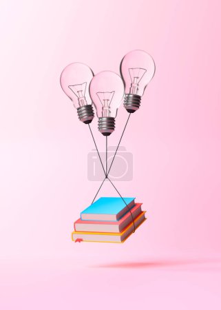 Foto de Libros con bombillas volando sobre fondo rosa. Concepto educativo. Ilustración de representación 3d - Imagen libre de derechos