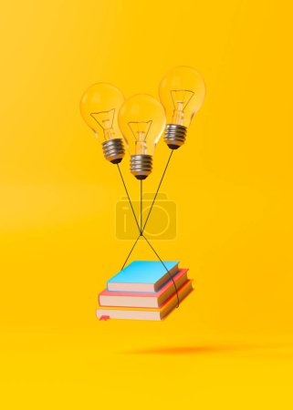 Téléchargez les photos : Livres avec lampes à ampoule volant sur un fond jaune. Concept d'éducation. Illustration de rendu 3D - en image libre de droit