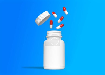 Photo for Red-white pills fly out of the bottle on blue background with copy space. Medicine concepts. Minimalistic abstract concept. 3d Rendering illustration - Royalty Free Image