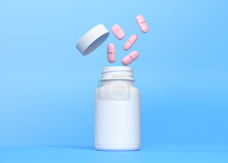 Téléchargez les photos : Pilules roses se répandant à partir d'une bouteille de pharmacie blanche sur fond bleu, traitement médical, concept pharmaceutique ou médicamenteux. Illustration de rendu 3D - en image libre de droit