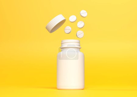 Photo for Pills fly out of the bottle on yellow background with pharmacy and explosion concept. Minimal creative idea. 3D rendering illustration - Royalty Free Image